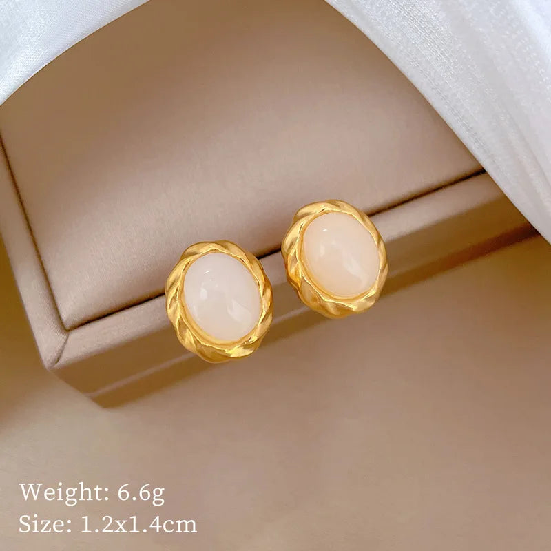 Pendientes ovalados de piedra lunar simples de Color dorado para mujeres y niñas, pendientes de acero inoxidable a la moda, accesorios diarios, regalos de joyería