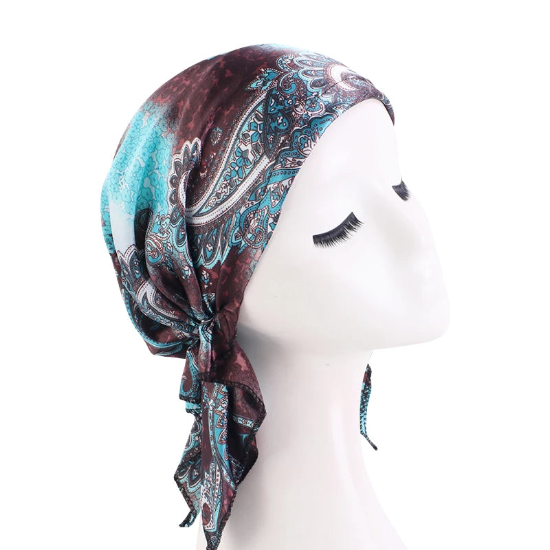 Turbante de satén preatado para mujer, diadema musulmana con patrón de Cachemira, bufanda para el pelo flexible suave, gorro para quimio, Bandana para envolver la cabeza, 2022