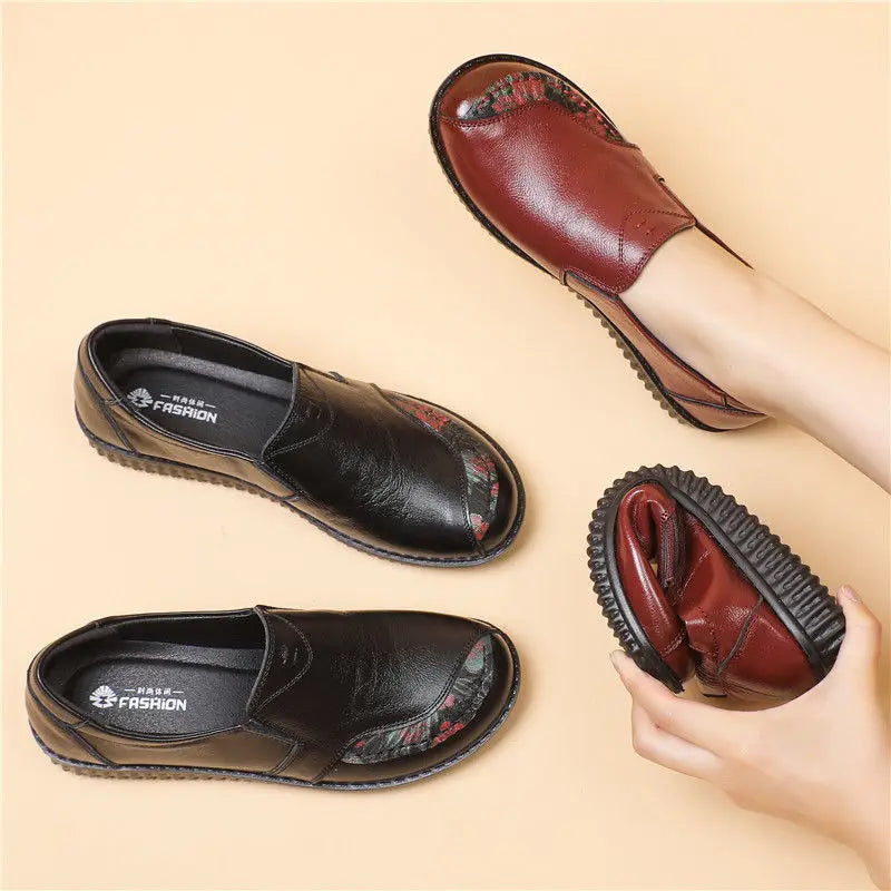 Mocasines de Cuero Genuino con Estampado Floral | Suela Blanda | Punta Ancha | Estilo Retro