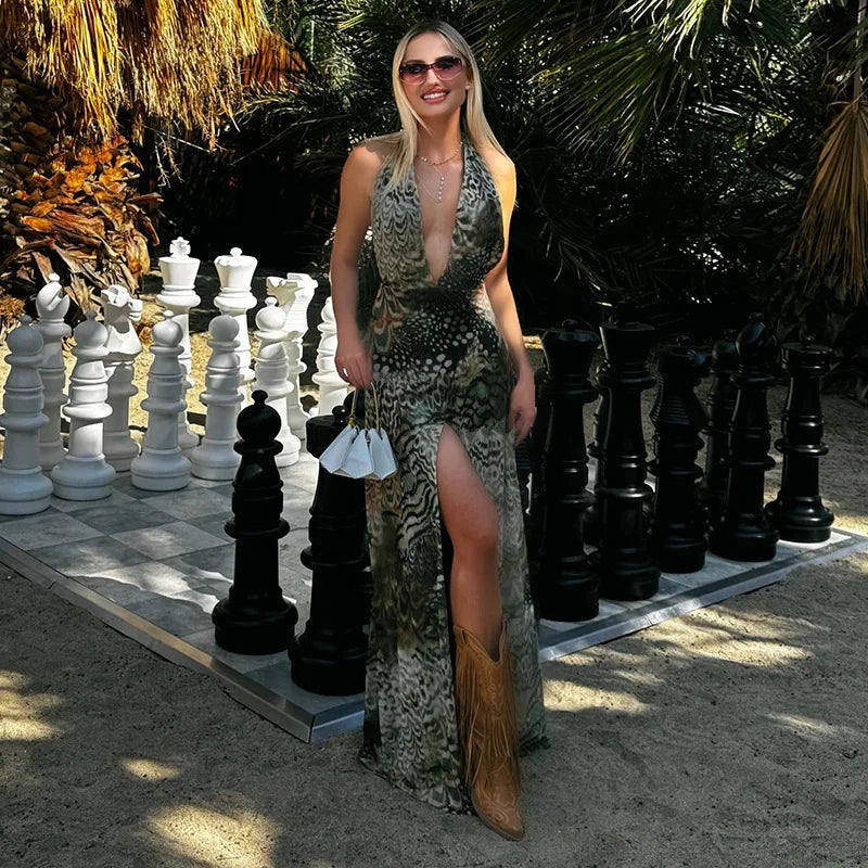 Vestido largo elegante con estampado abstracto para mujer, falda larga dividida con escote en V profundo y espalda descubierta, vestido informal de estilo francés a la moda de verano