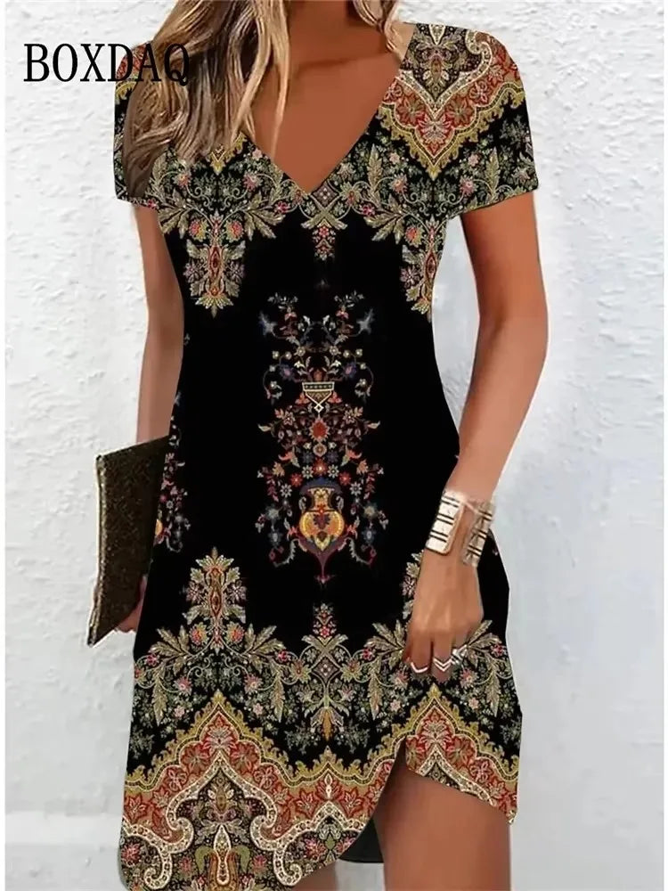 Vestido Veraniego Informal para Mujer | Estampado Floral Bohemio | Cuello V y Manga Corta | Tico Trendy