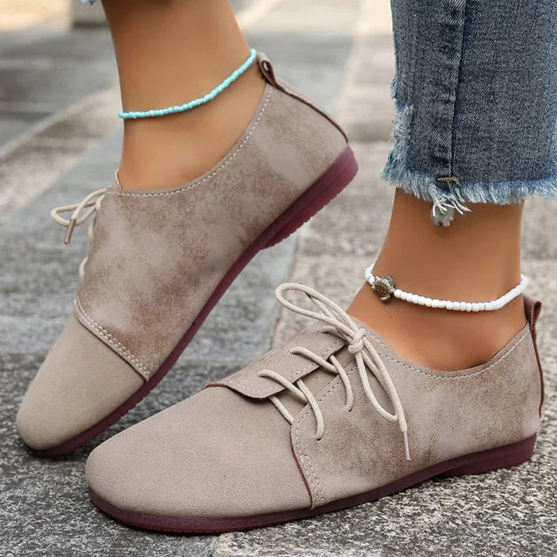 Zapatos Planos Marrones con Cordones | Gamuza Sintética | Punta Redonda | Talla Grande