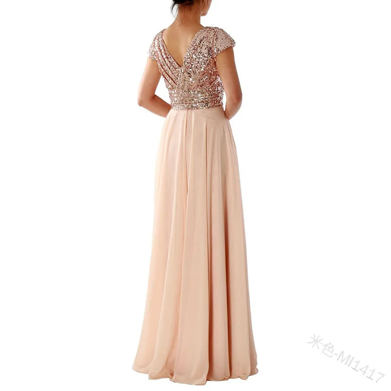 Vestido Cóctel Gasa Plisado Elegante Lentejuelas | Cuello V Formal Longitud Suelo