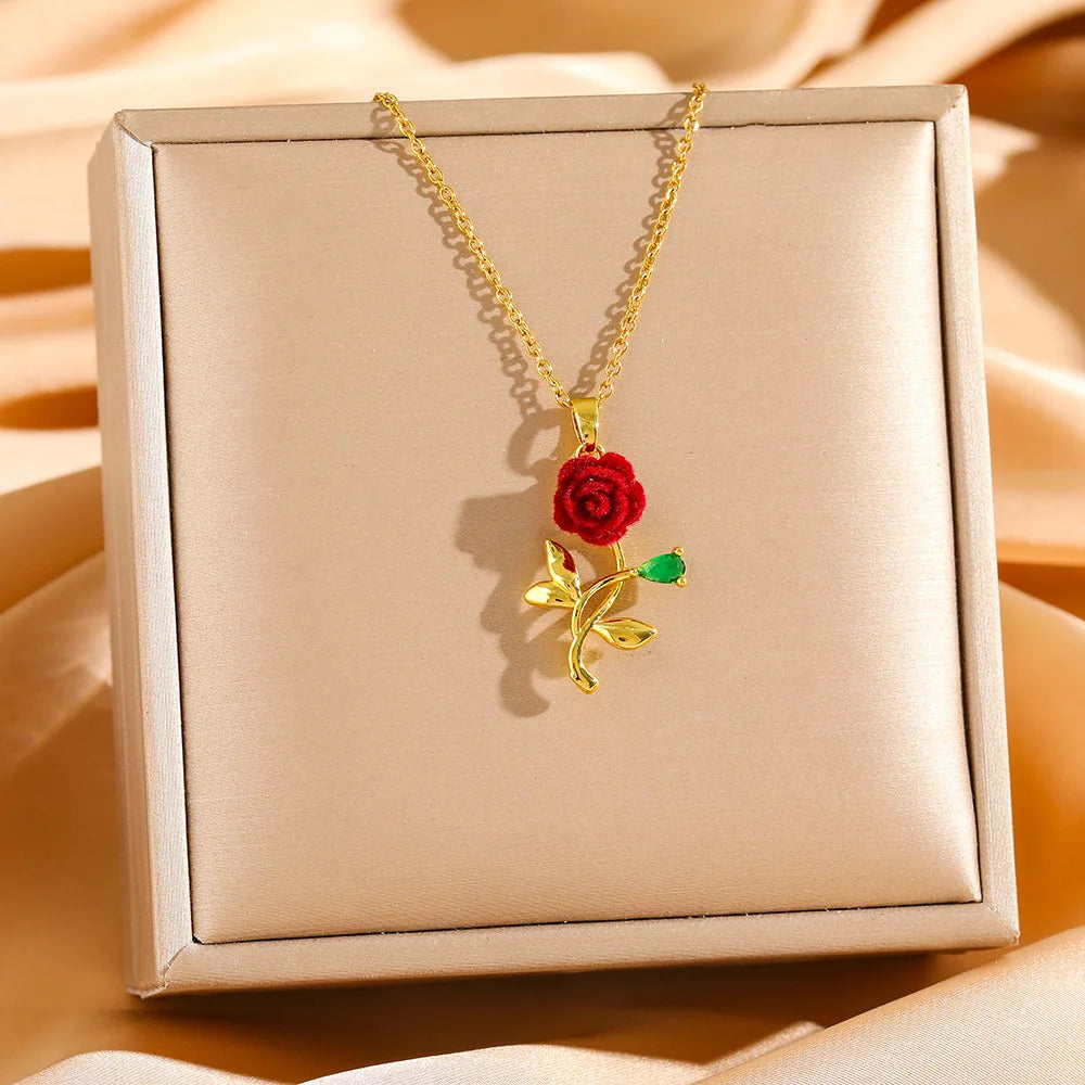 Cadena de acero inoxidable, collares con colgante de flor de rosa roja Vintage para mujeres y niñas, accesorios de joyería elegantes Y2k, regalos para amantes