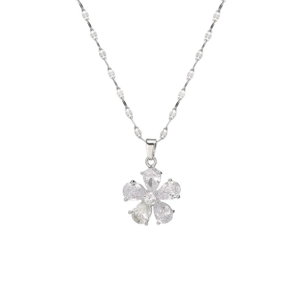 Cadena de acero inoxidable para mujer, collares con colgante de flor de circón de lujo Simple, Color plateado, accesorios de joyería