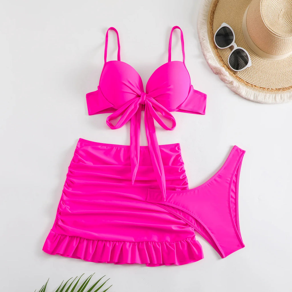 Conjunto de Bikini 3 Piezas con Falda - Top con Nudo y Bottom de Tiro Alto