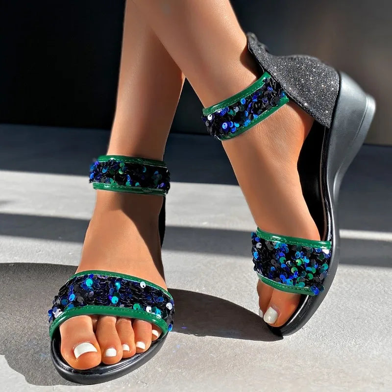 Sandalias de Tacón de Cuña con Brillo Suela Suave Antideslizantes