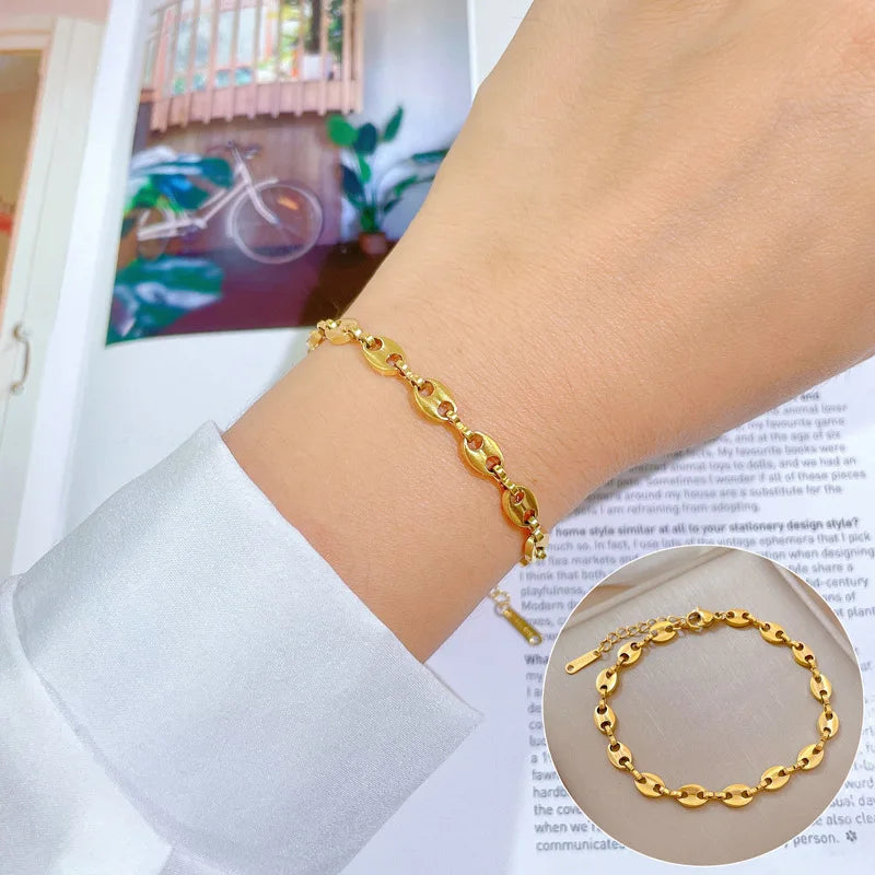 Pulseras de cadena de granos de café cubanos de Hip Hop de acero inoxidable para mujeres y niñas, accesorios de mano de moda, joyería, regalos de cumpleaños