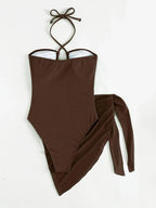 Bañador de Una Pieza Halter Recortado con Falda - Estilo Sexy y Monocromático