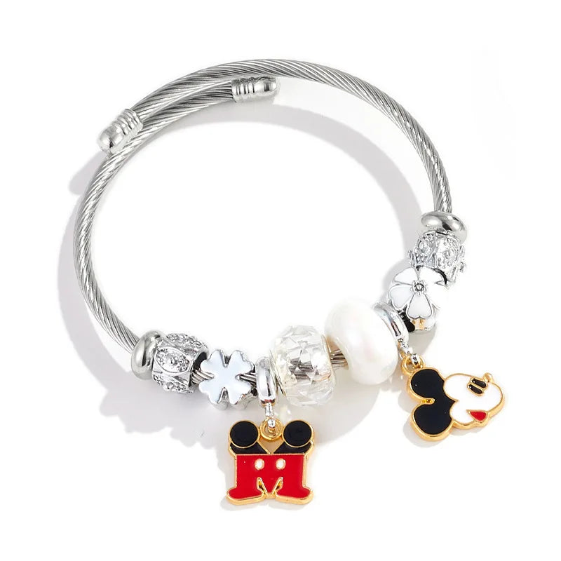 Pulseras con dijes de dibujos animados de Disney para mujeres y niñas, pulseras con cabeza de Mickey y Minnie Mouse, encantadoras cuentas de bricolaje, accesorios de mano, regalos