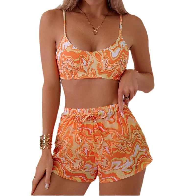 Conjunto de Bikini con Estampado de Mármol y Pareo - Outfit Casual para la Playa