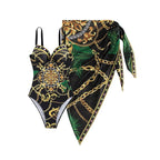 Traje de Baño Push Up con Falda - Estampado de Cadena para Playa y Piscina