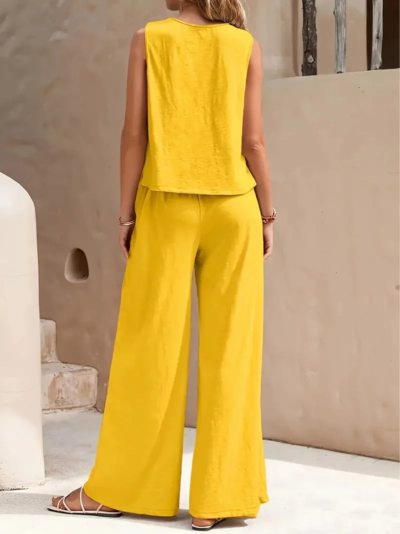 Ticotrendy: Conjunto Elegante de Pantalón y Top Sin Mangas | Color Sólido Verano 2025