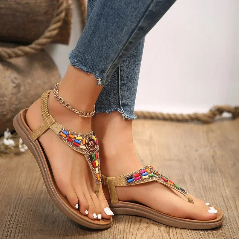 Sandalias Planas Bohemias Estilo Romano Gladiador | Tiras con Cuentas Clip Toe