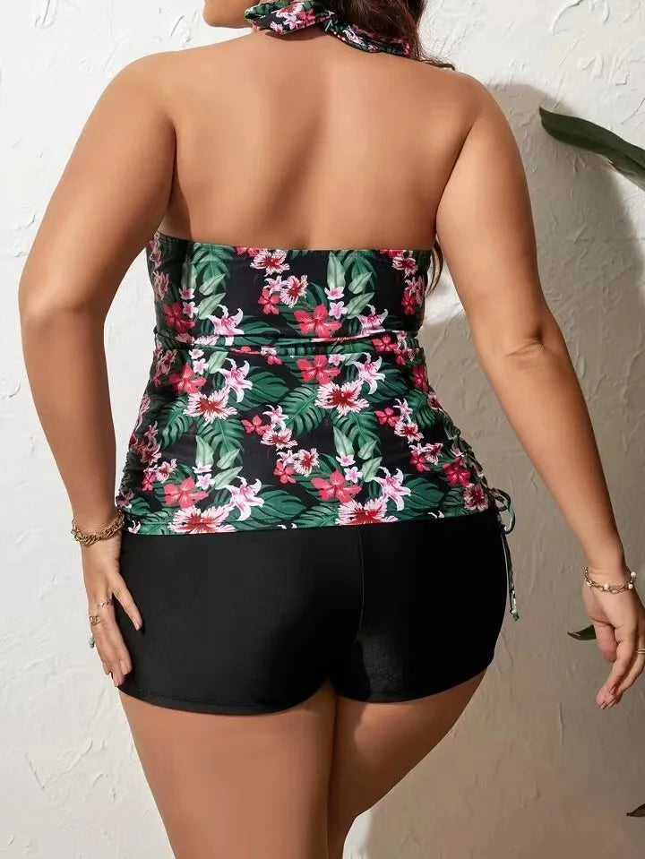 Bikini de Talla Grande Estampado | Cordón Lateral, Cuello Colgante y Encaje | Espalda Descubierta
