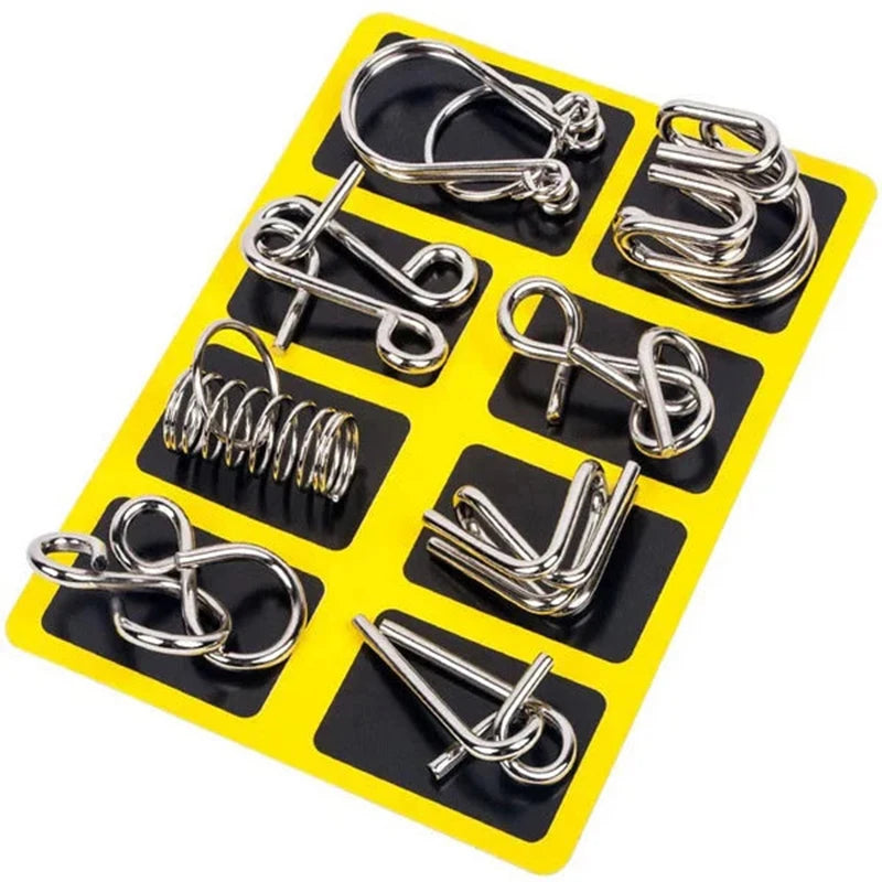 8 unids/set juego de anillos de rompecabezas de Metal juego de rompecabezas inteligente anillo y hebilla liberación IQ rompecabezas juguetes para niños adultos desarrollo cerebral