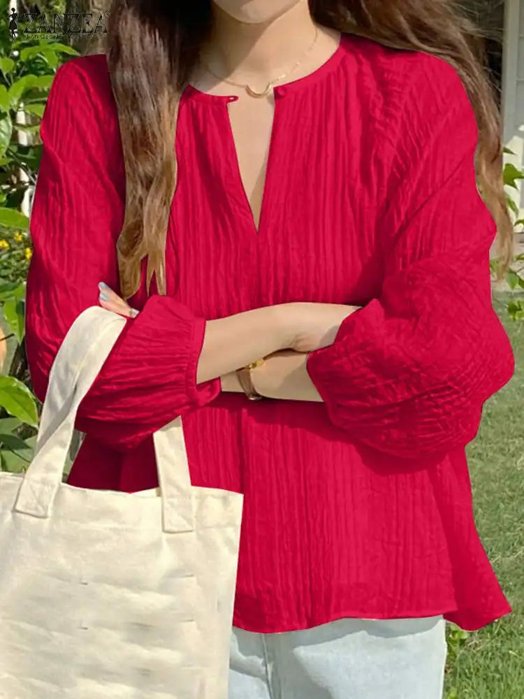 Blusa Elegante Cuello Pico Manga Linterna Plisada Poliéster Mujer