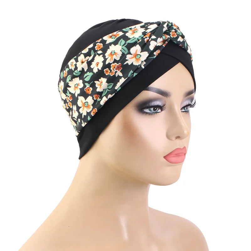 Nuevo turbante con estampado Floral y nudo torcido para mujer musulmana, Hijab, gorro para quimio, gorro elástico indio para mujer, pañuelo para la cabeza, gorro para la pérdida de cabello