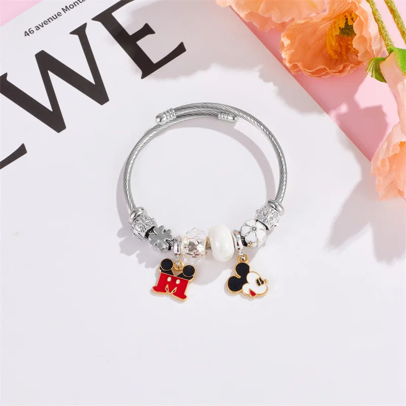 Pulseras con dijes de dibujos animados de Disney para mujeres y niñas, pulseras con cabeza de Mickey y Minnie Mouse, encantadoras cuentas de bricolaje, accesorios de mano, regalos