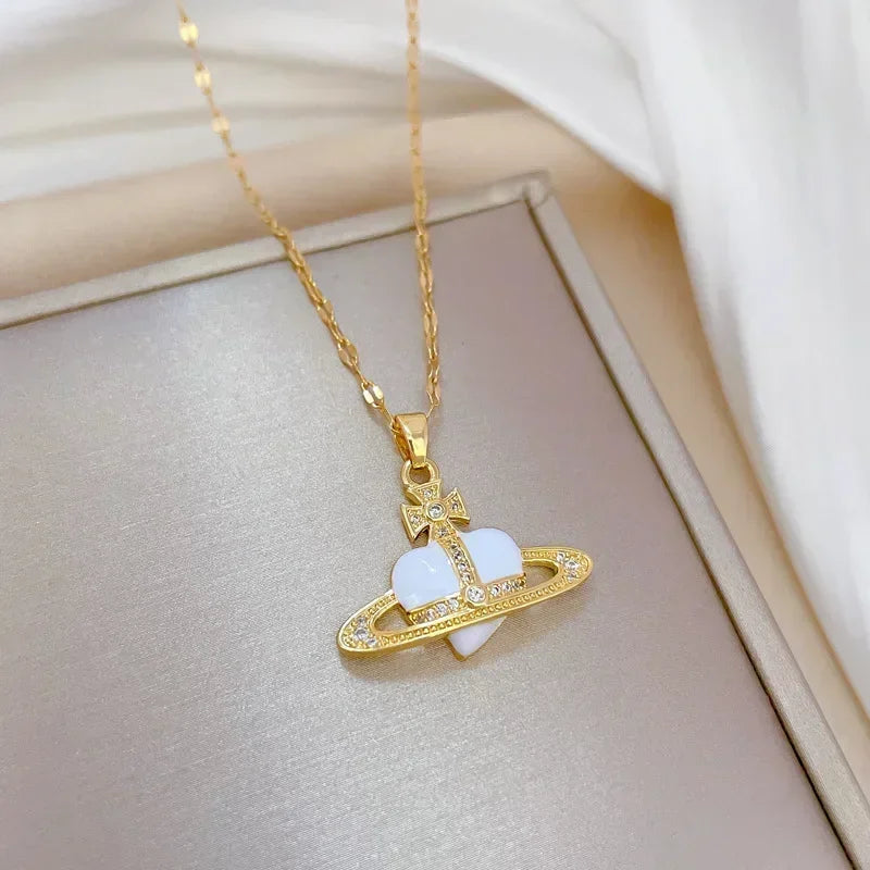 Collares de Planeta de piedra lunar de circón de acero inoxidable para mujeres y niñas, Color dorado, joyería de moda, regalos, accesorios para amigos