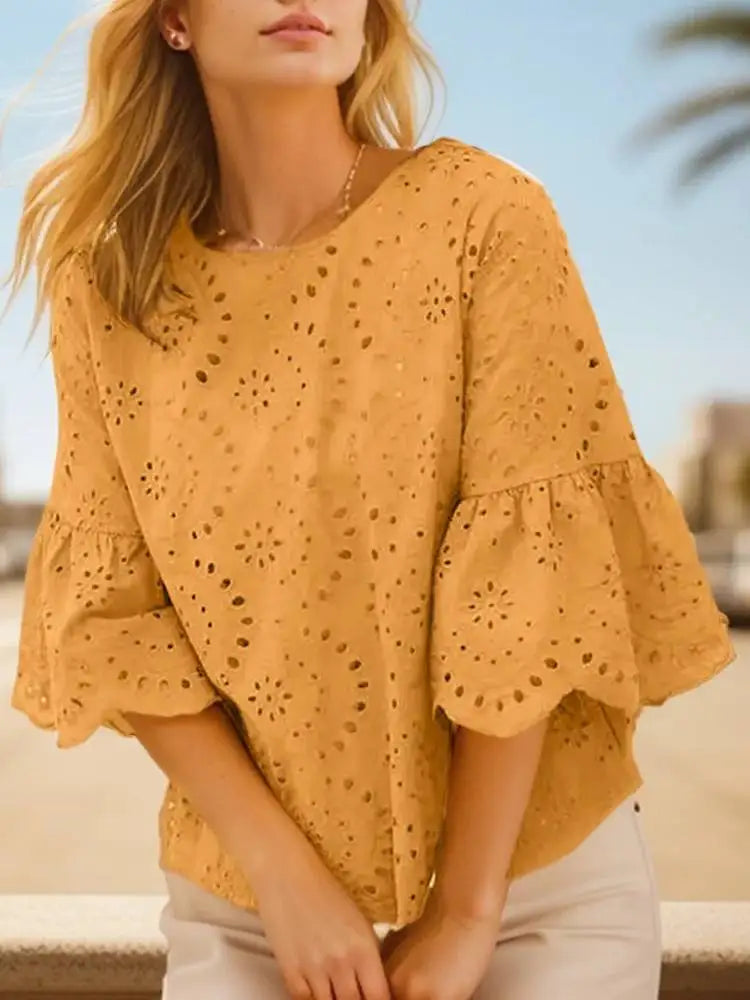 Blusa Bohemia Encaje Crochet Manga Tres Cuartos Estilo Patchwork Mujer