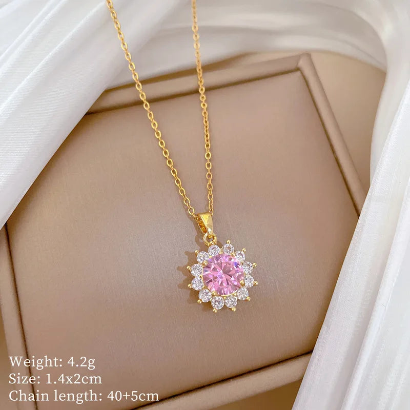 Collar Flor Circón Rosa ∣ Cadena Acero Inoxidable ∣ Lujo Simple Femenino