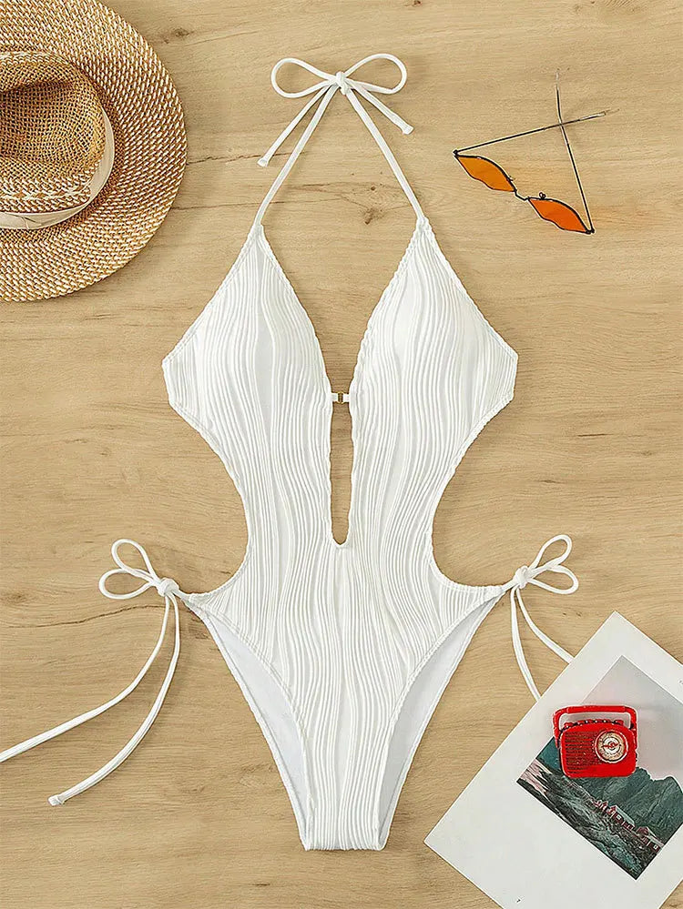 Traje de Baño Una Pieza | Cuello Halter y Lazo Lateral | Monocromático | Verano