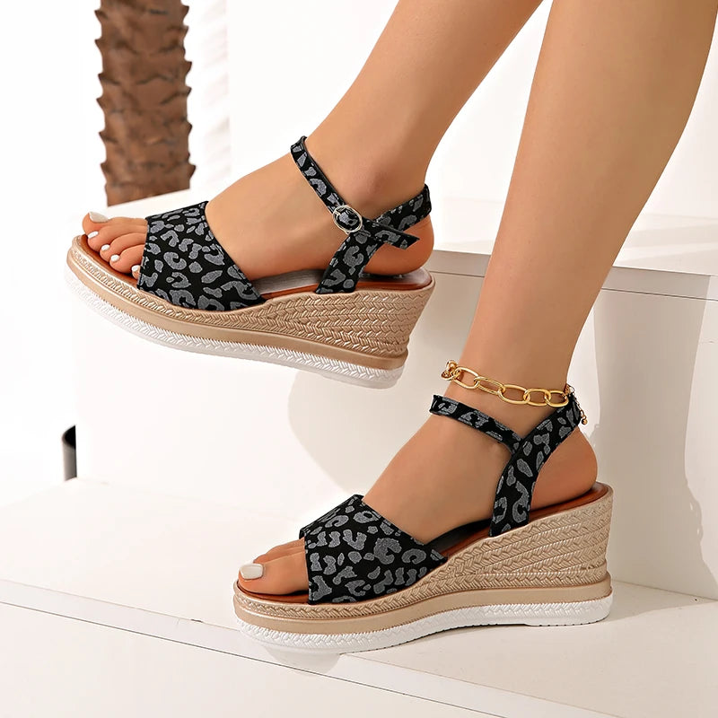 Sandalias de Cuña con Plataforma Estampado Leopardo para Mujer