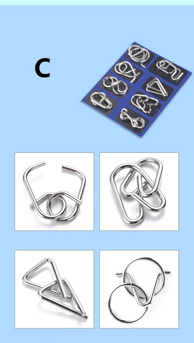 Rompecabezas de anillo chino de Metal para niños y adultos, puzles mágicos, rompecabezas clásicos, IQ Brain Teaser, 8 juegos por paquete