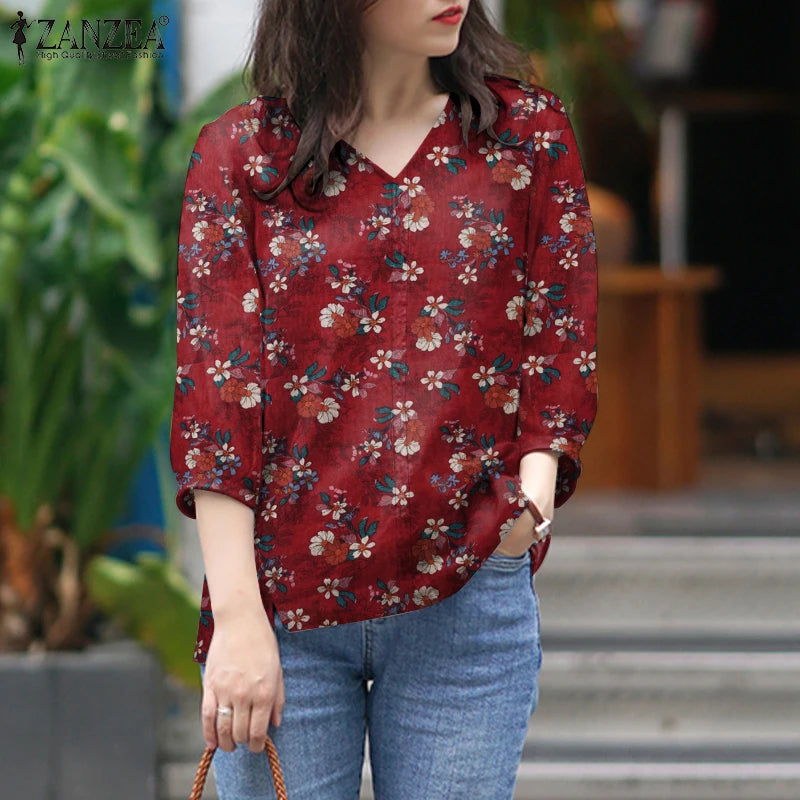 ZANZEA Blusas de algodón con estampado Floral de talla grande para mujer, blusas de manga 3/4 con cuello en V, Top de corte alto-bajo, Blusas informales para primavera y verano, 5XL