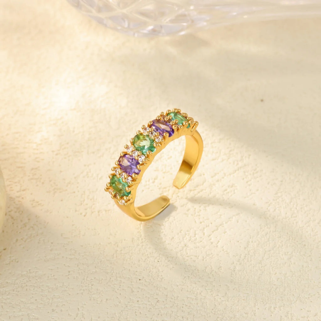 Anillo Ticotrendy Lujo | Circón Arcoíris | Abierto Acero Oro | Joyería Moda