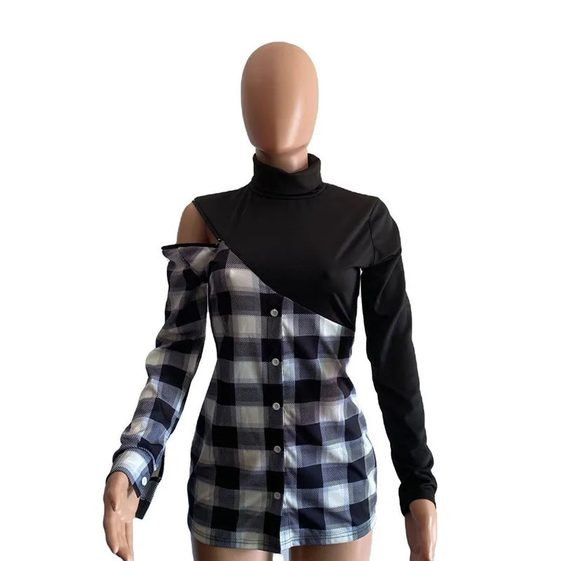 Vestidos de S-3XL de talla grande para mujer, minivestidos de cumpleaños a cuadros de retazos, trajes de Club, ropa de primavera, venta al por mayor, envío directo, 2022