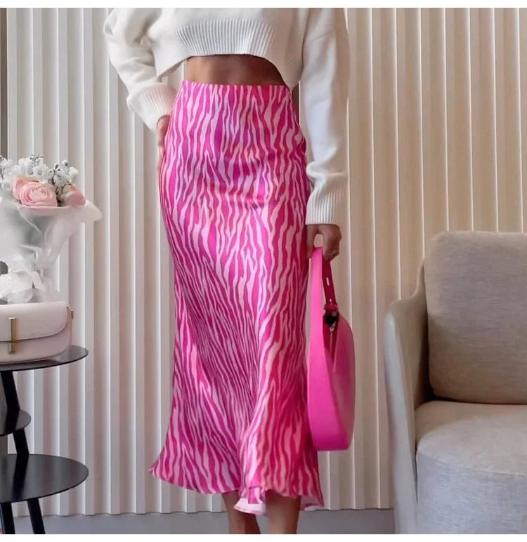 Falda Larga De Satén Con Estampado De Leopardo Elegante