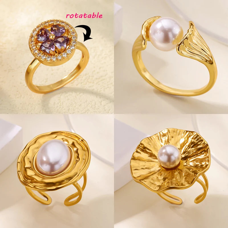 Anillo Ticotrendy Giratorio | Trébol Circón y Perlas | Acero Oro Boda 2025