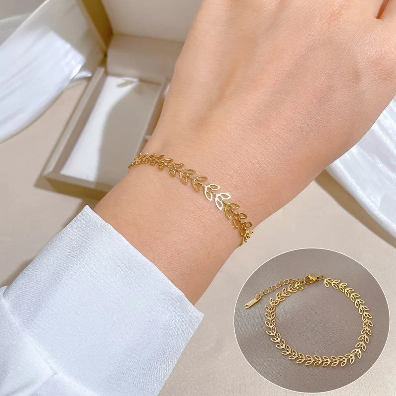 Pulseras de cadena de hojas huecas simples de acero inoxidable para mujeres y niñas, pulsera de Color dorado y plateado a la moda, accesorios de joyería