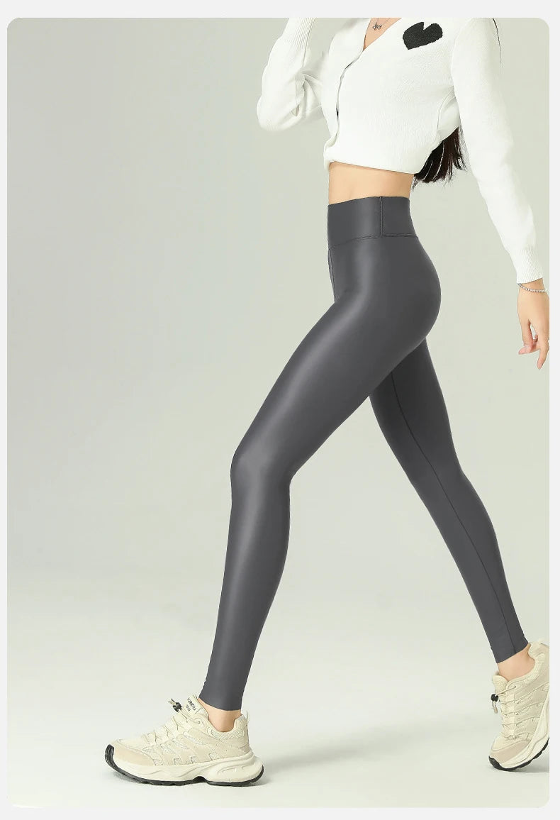 Leggings PU Cuero Invierno | Lana Fina Sexy Ajustado | Cintura Alta Elástico Cálido