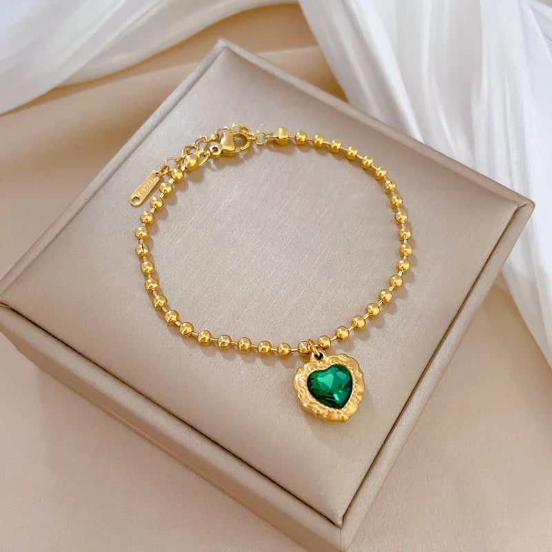 Pulseras con dijes de corazón de amor de cristal verde Vintage de acero inoxidable para mujer, accesorios de mano elegantes, regalos para amigos