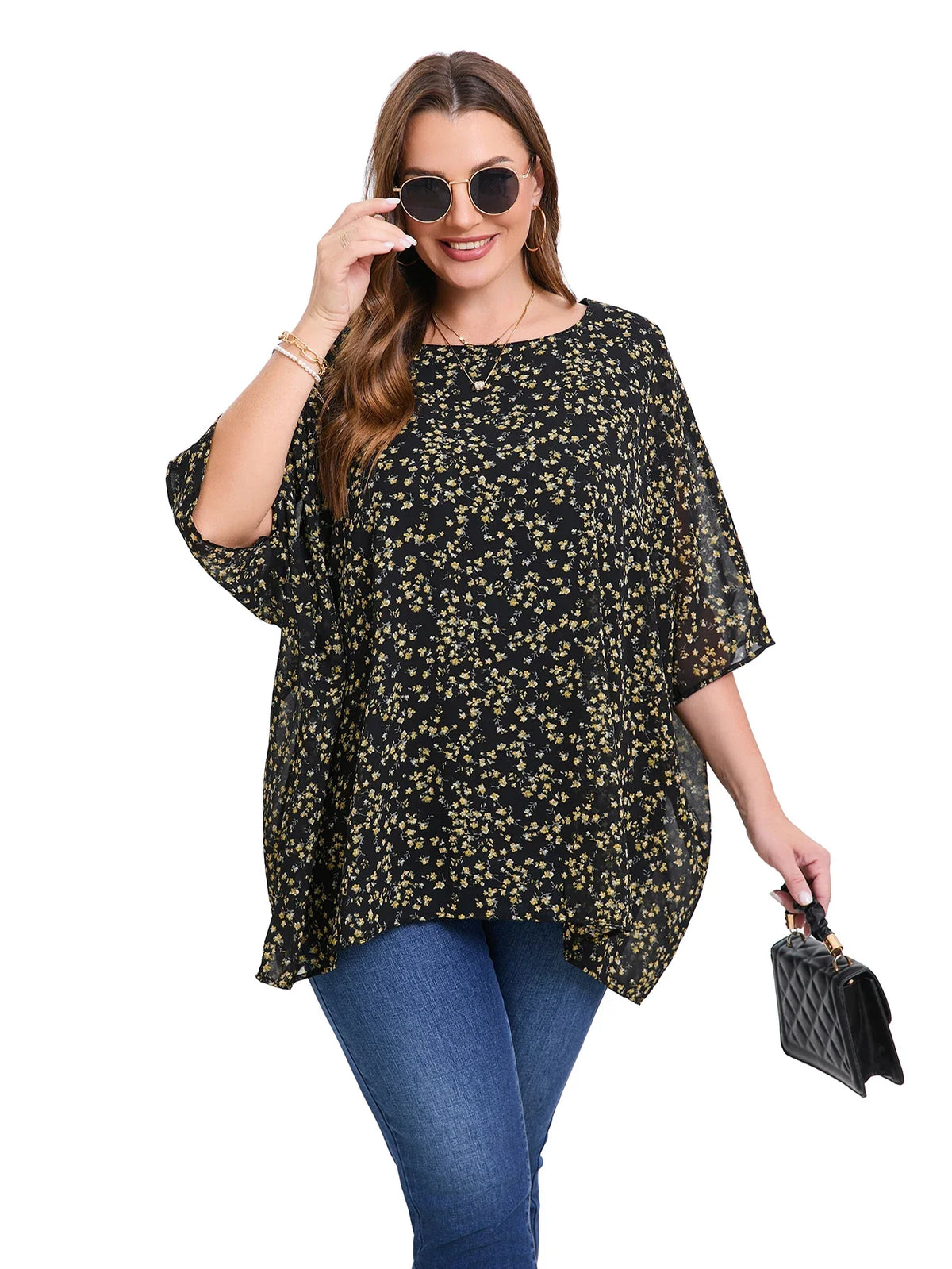 Blusa de Gasa Florales Plus Size | Manga Murciélago Cuello Redondo | Tallas 2XL-6XL | Tico Trendy