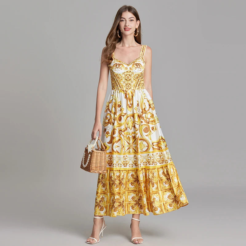 Vestido Vintage Estampado A-Line | Tiras de Espagueti Espalda al Aire Primavera Verano