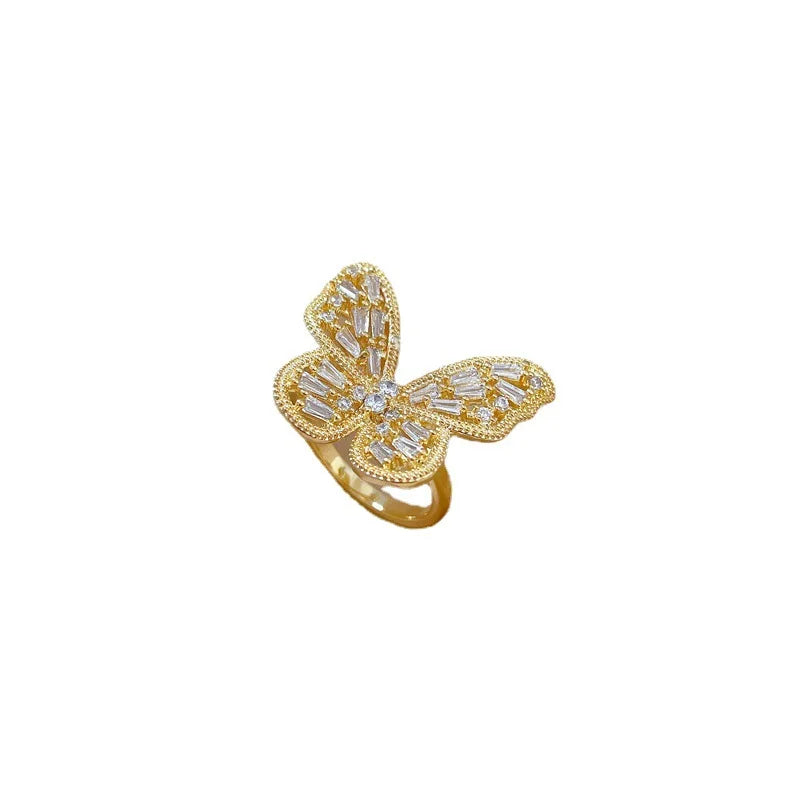 Anillos de cobre de mariposa de circón brillante de lujo para mujeres y niñas, anillo abierto ajustable para dedo, accesorios de fiesta diarios, regalos para amigos