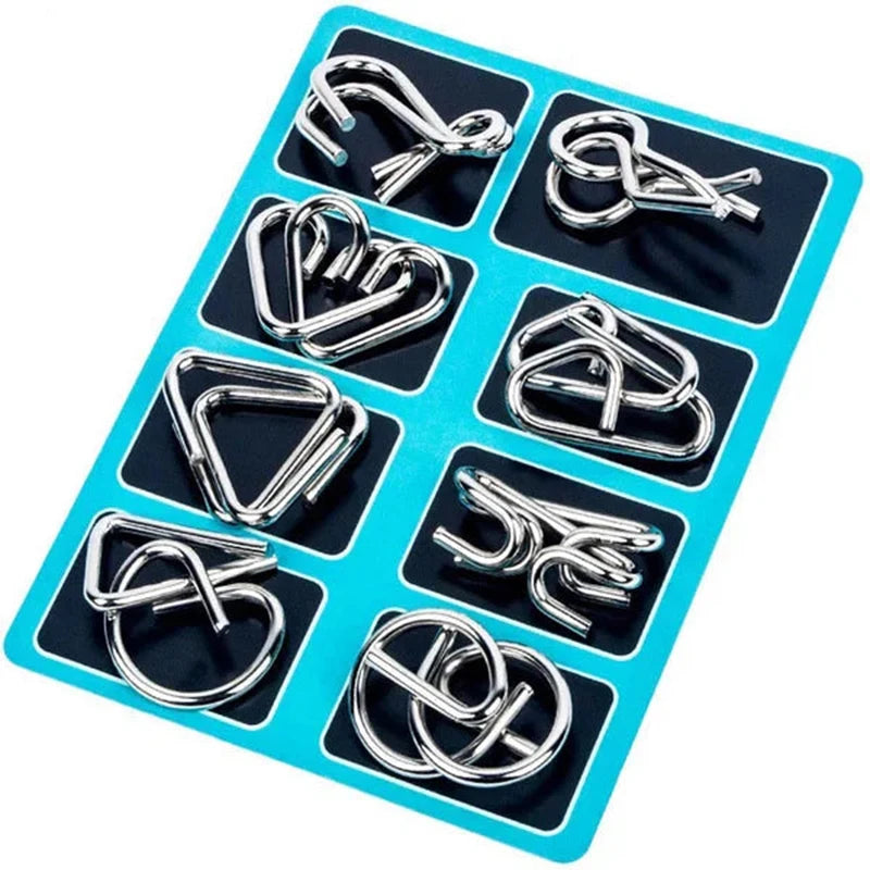 8 unids/set juego de anillos de rompecabezas de Metal juego de rompecabezas inteligente anillo y hebilla liberación IQ rompecabezas juguetes para niños adultos desarrollo cerebral