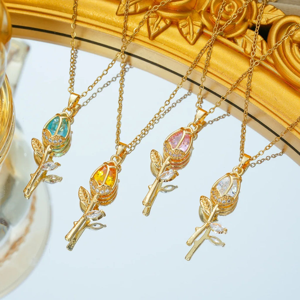 Cadena de acero inoxidable para mujer y niña, collares con colgante de flor de tulipán de circón de lujo a la moda, accesorios de Collar elegantes, regalo de joyería