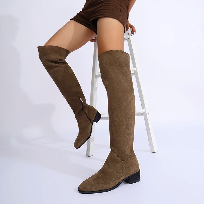 Botas Altas Sobre La Rodilla Tacón Grueso Moda Elegancia Tica