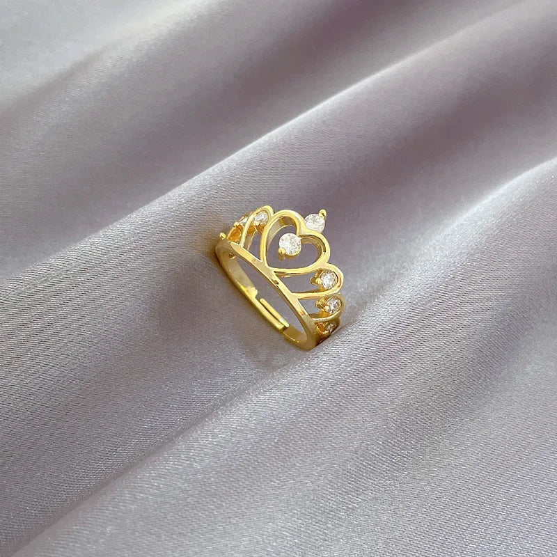 Anillos de corona de circón simples a la moda para mujeres y niñas, anillo de cobre abierto ajustable, regalos de joyería para amigos y amantes