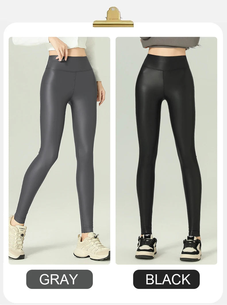 Leggings PU Cuero Invierno | Lana Fina Sexy Ajustado | Cintura Alta Elástico Cálido