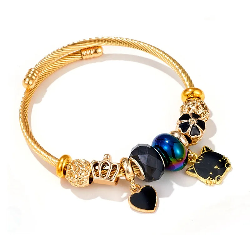 Pulsera Dijes Gato Flor Corona | Brazalete Acero Inox. Color Dorado | Regalo Navidad | Ticotrendy