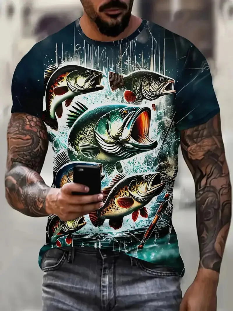 Camiseta Hombre Vintage Estampado Gráfico Peces | Manga Corta Secado Rápido
