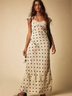 Vestido Maxi Lunares Encaje Espalda Descubierta | Estilo Francés Dulce Primavera Verano