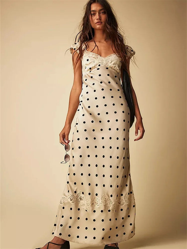Vestido Maxi Lunares Encaje Espalda Descubierta | Estilo Francés Dulce Primavera Verano