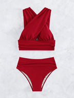 Bikini de Cintura Alta con Pliegues Cruzados - Traje de Dos Piezas